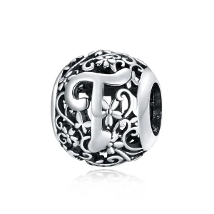 (kép) PANDORA típusú áttört mintás virág betű t charm - SCC1444-T