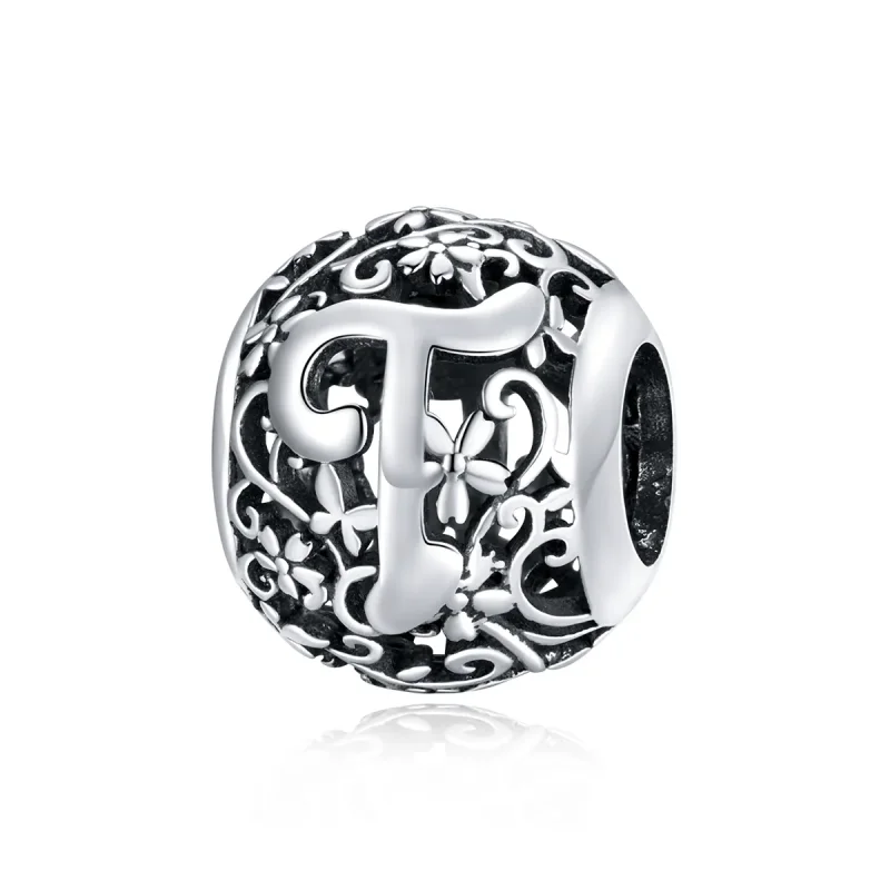(kép) PANDORA típusú áttört mintás virág betű t charm - SCC1444-T