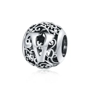 (kép) PANDORA típusú áttört mintás virág betű v charm - SCC1444-V