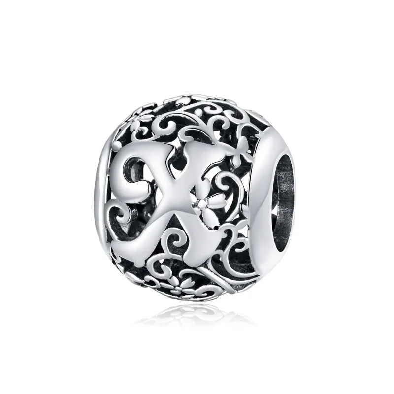 (kép) PANDORA típusú áttört mintás virág betű x charm - SCC1444-X