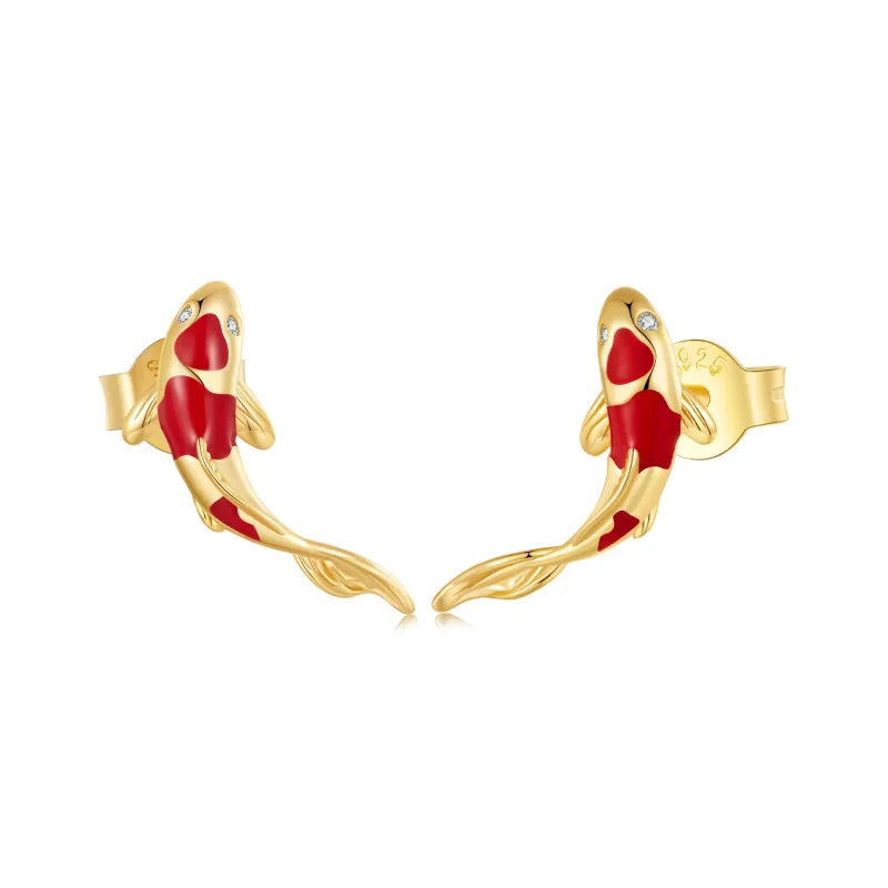 (kép) Pandora stílusú Arany Koi-Silver Studs Fülbevalók - SCE812-B