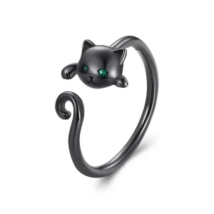 Pandora stílusú fekete aranyos macska nyitott gyűrű - SCR707-D (kép) Pandora stílusú fekete aranyos macska nyitott gyűrű - SCR707-D
