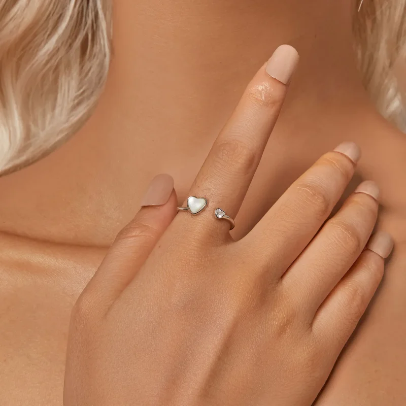 (kép) Pandora stílusú szívverő fehér héj nyitott gyűrű - BSR520-E - Megtekintés 5