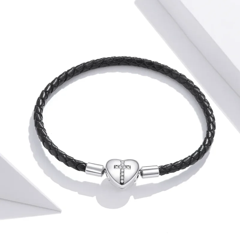 (kép) PANDORA típusú bőr karkötő modern kereszt - SCB205 - Megtekintés 2