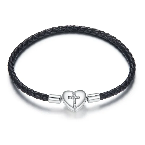 (kép) PANDORA típusú bőr karkötő modern kereszt - SCB205