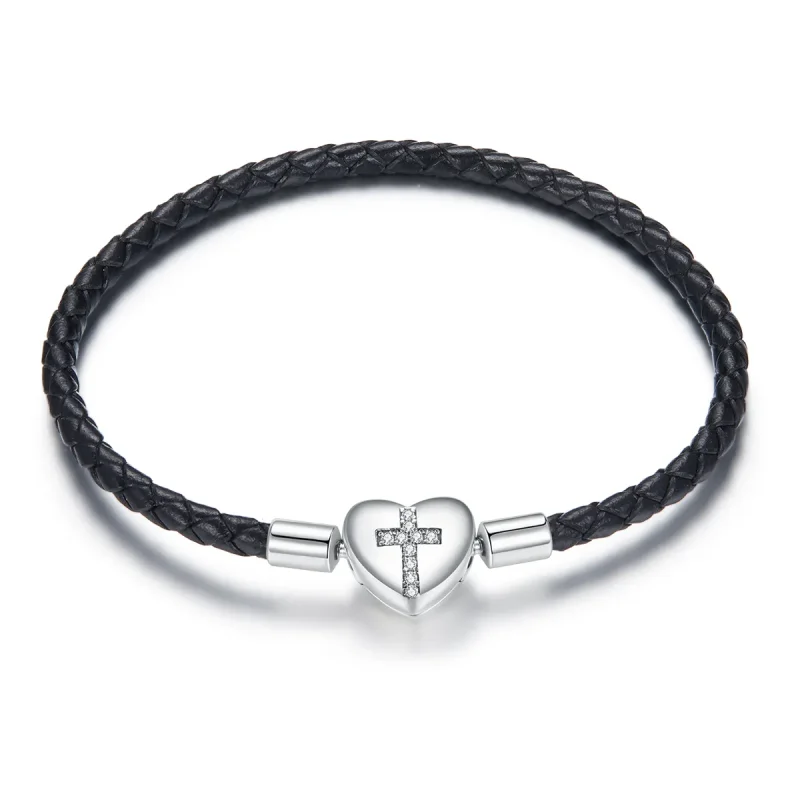(kép) PANDORA típusú bőr karkötő modern kereszt - SCB205