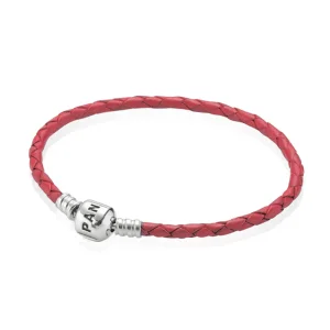 PANDORA Fonottbőr karkötő, Piros (kép) PANDORA Fonottbőr karkötő, Piros