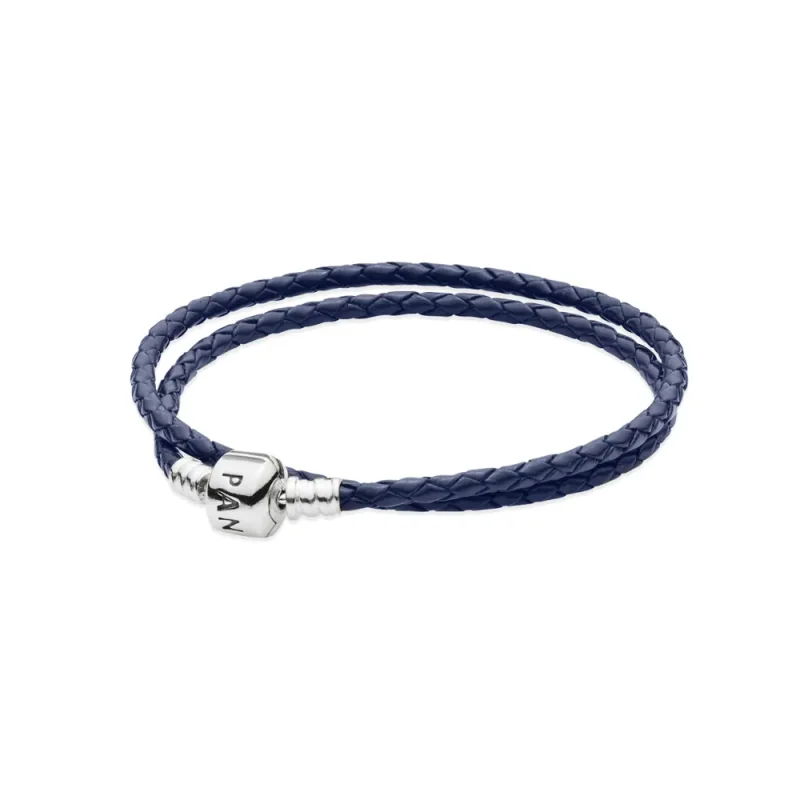 (kép) PANDORA Moments duplasoros bőr karkötő, sötétkék - 590705CDB-D