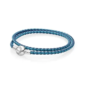 (kép) PANDORA Moments kétsoros fonott bőr karkötő, vegyes kék - 590747CBMX-D