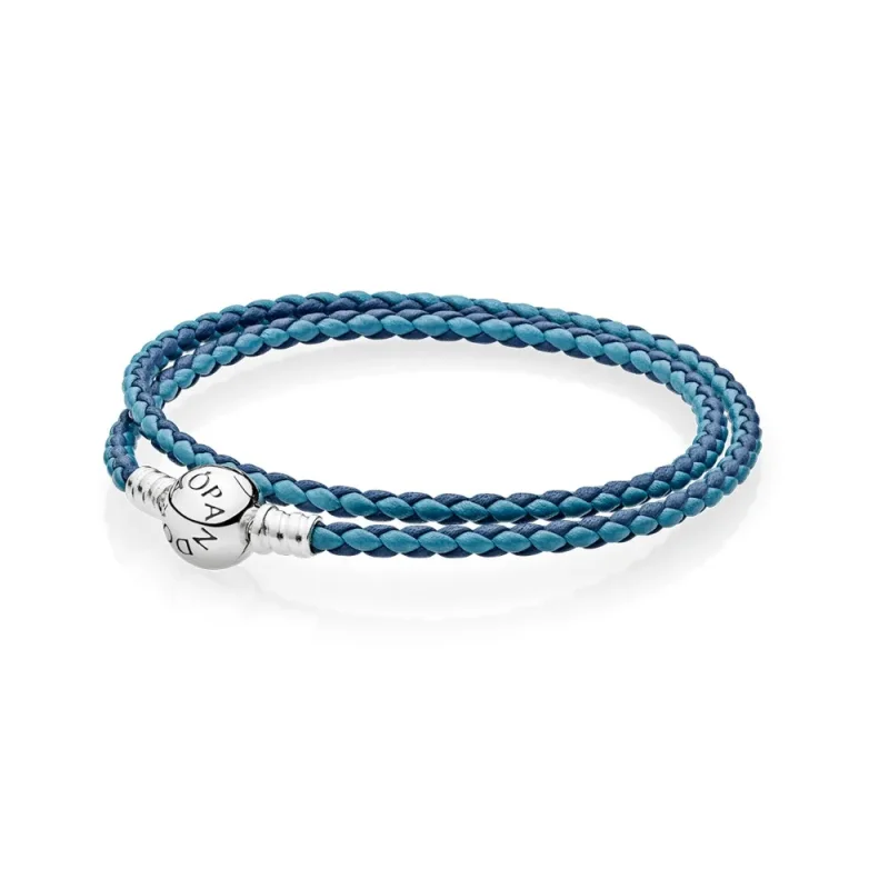 (kép) PANDORA Moments kétsoros fonott bőr karkötő, vegyes kék - 590747CBMX-D