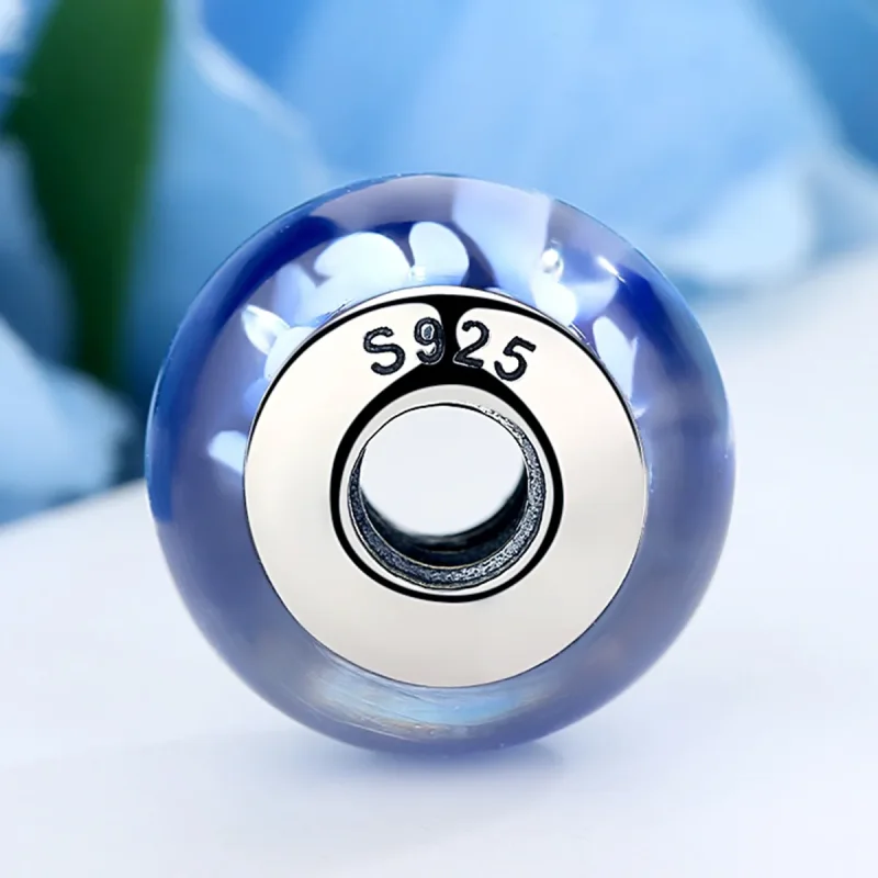 (kép) PANDORA típusú Kék Murano üveg fehér virágok Charm - SCZ006 - Megtekintés 3