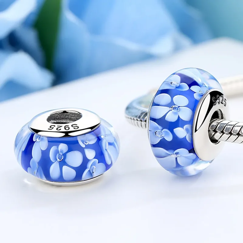 (kép) PANDORA típusú Kék Murano üveg fehér virágok Charm - SCZ006 - Megtekintés 4