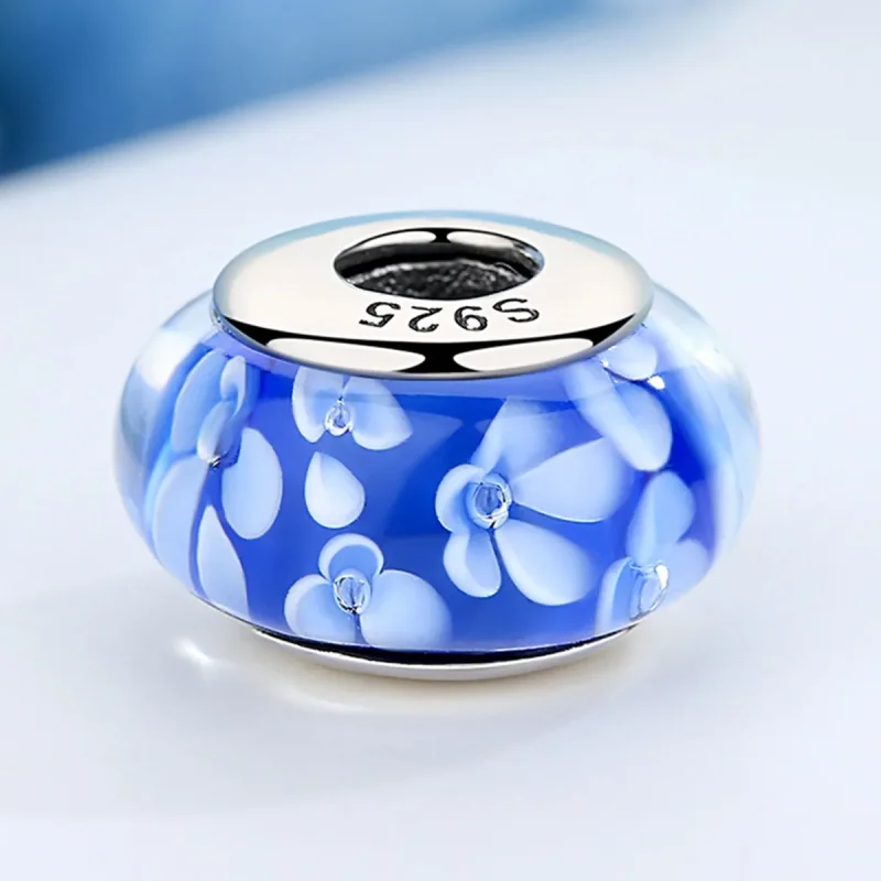 (kép) PANDORA típusú Kék Murano üveg fehér virágok Charm - SCZ006 - Megtekintés 5