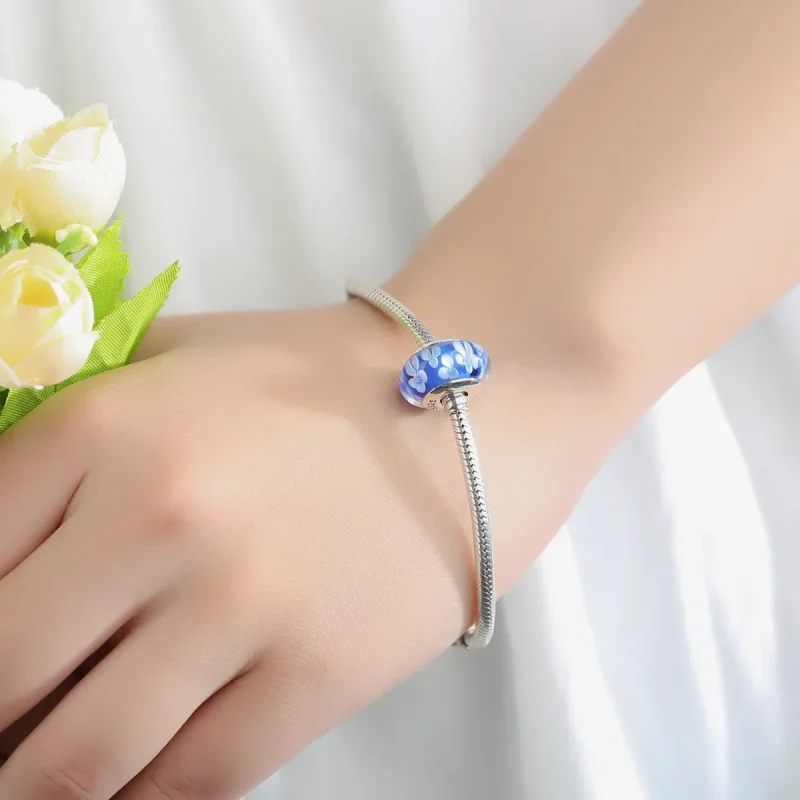 (kép) PANDORA típusú Kék Murano üveg fehér virágok Charm - SCZ006 - Megtekintés 6