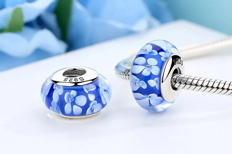 (kép) PANDORA típusú Kék Murano üveg fehér virágok Charm - SCZ006 - Megtekintés 8