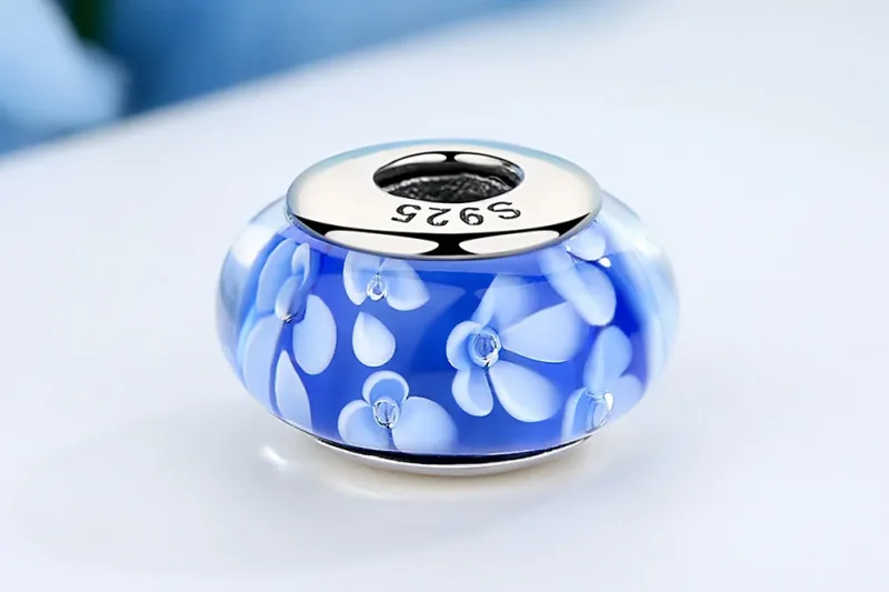 (kép) PANDORA típusú Kék Murano üveg fehér virágok Charm - SCZ006 - Megtekintés 9