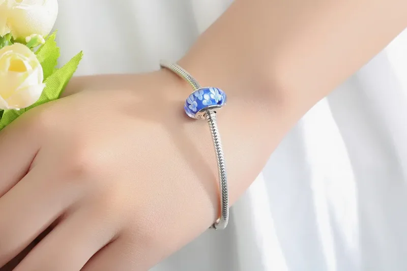 (kép) PANDORA típusú Kék Murano üveg fehér virágok Charm - SCZ006 - Megtekintés 10