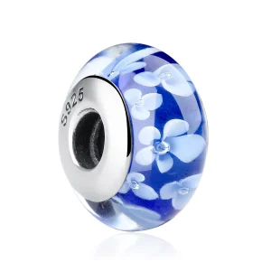 (kép) PANDORA típusú Kék Murano üveg fehér virágok Charm - SCZ006