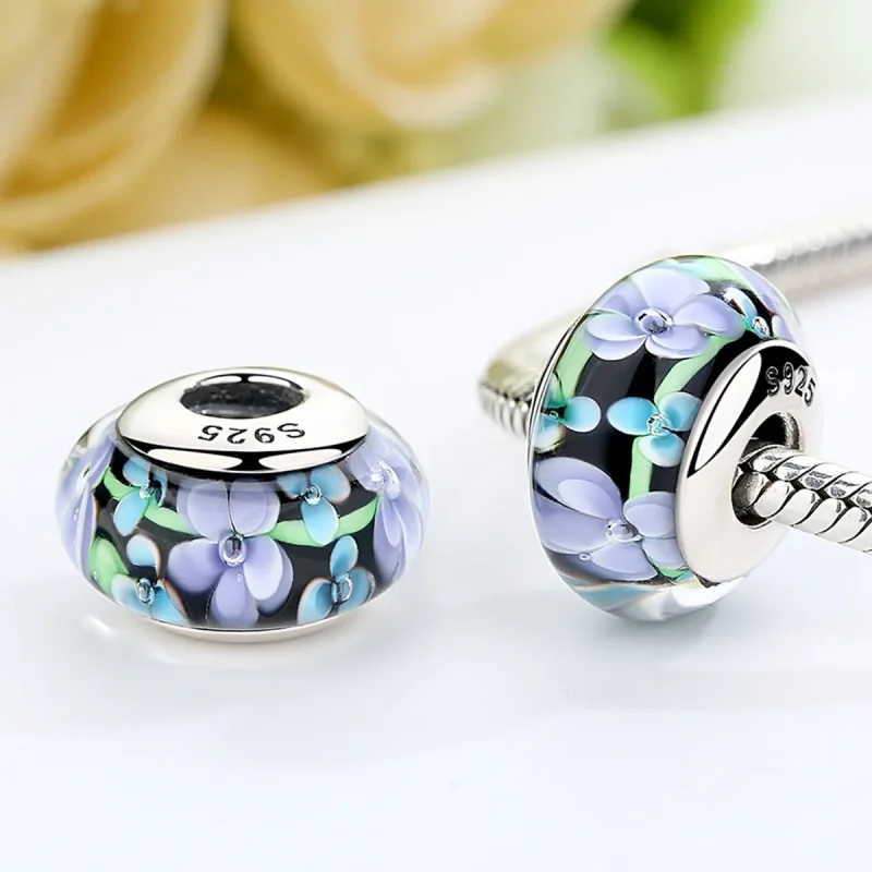 (kép) PANDORA típusú Lila virágok Murano üveg Charm - SCZ009 - Megtekintés 3