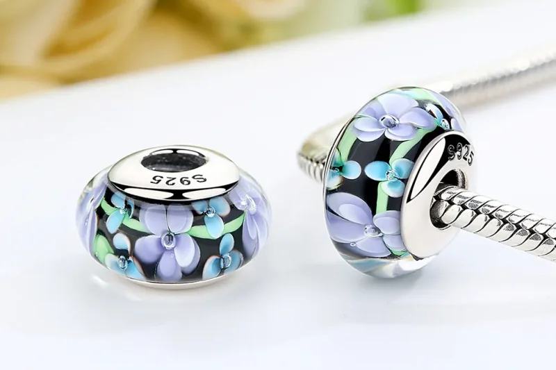 (kép) PANDORA típusú Lila virágok Murano üveg Charm - SCZ009 - Megtekintés 7