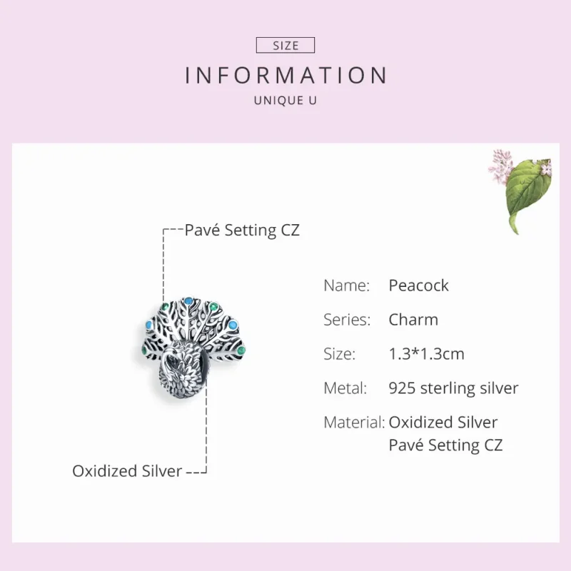 (kép) PANDORA típusú páva charm - SCC1260 - Megtekintés 3