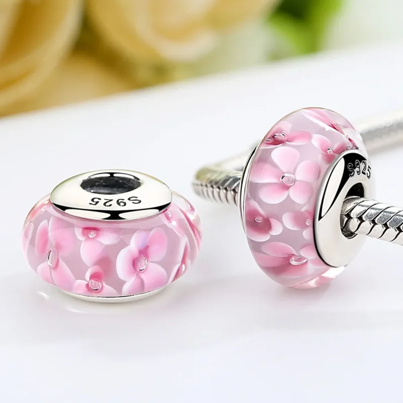 (kép) PANDORA típusú Rózsaszín virágok Murano üveg Charm - SCZ008 - Megtekintés 3