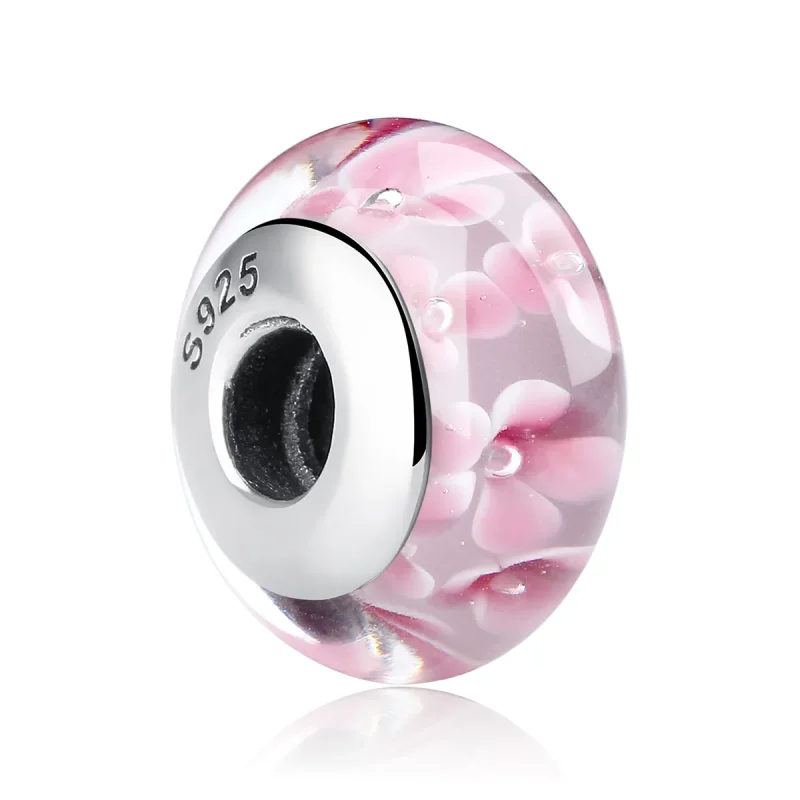 (kép) PANDORA típusú Rózsaszín virágok Murano üveg Charm - SCZ008