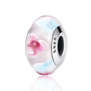 (kép) PANDORA típusú Rózsaszín virágok Murano üveg Charm - SCZ056
