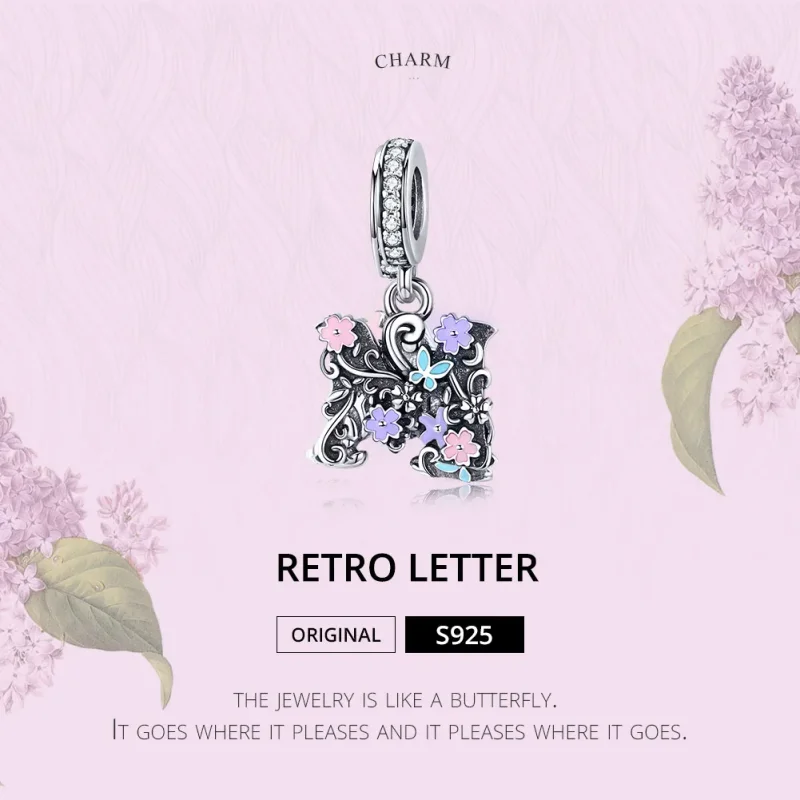 (kép) PANDORA típusú virág betű m függő charm - SCC1274 - Megtekintés 2