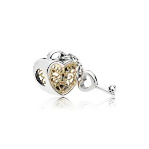 (kép) PANDORA Kéttónusú charm, Zár szív és kulcs