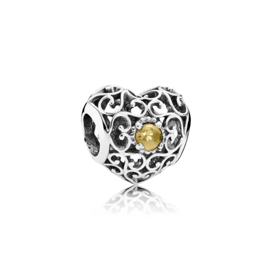 (kép) PANDORA November - ezüst, szív alakú charm citrinnel - 791784CI